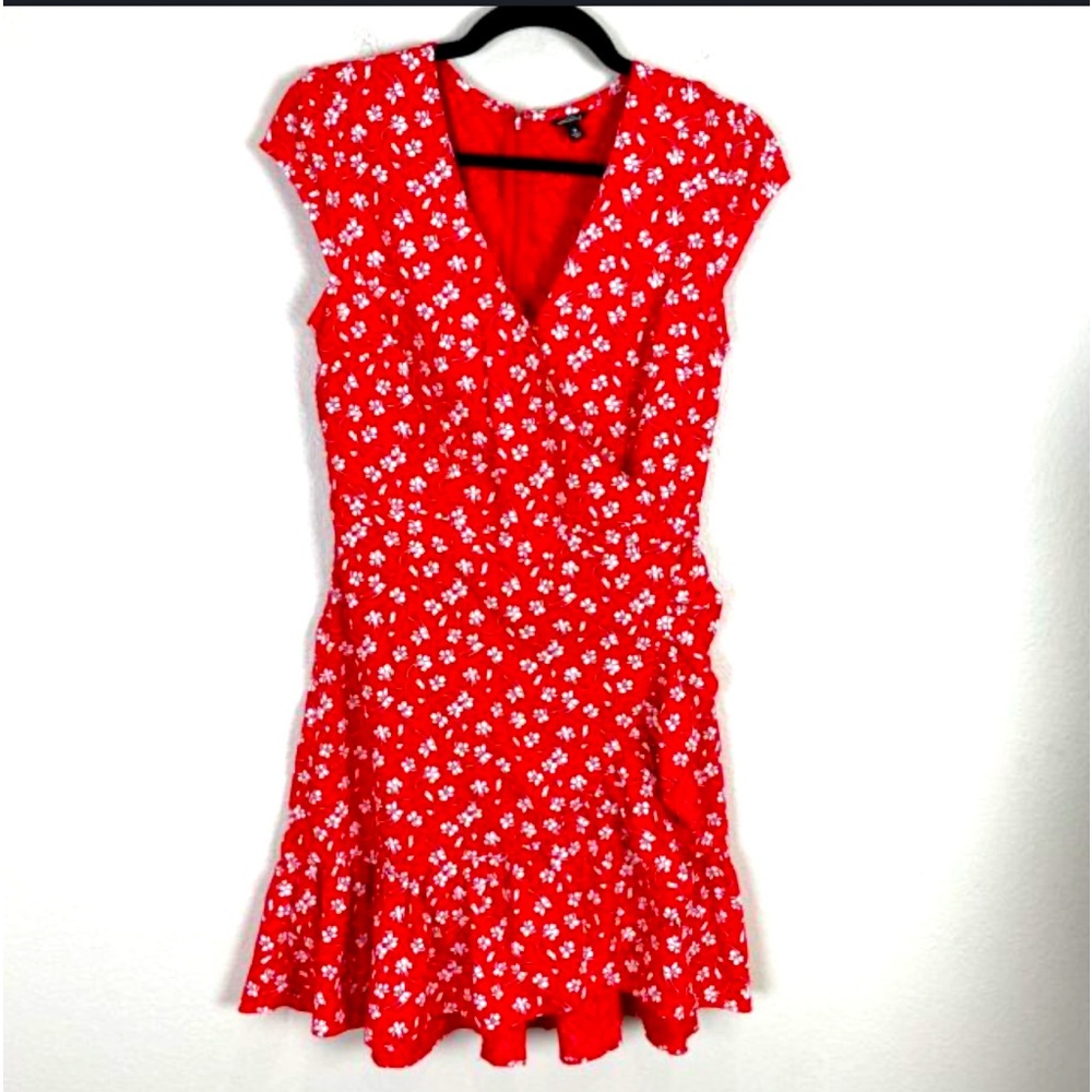 J Crew Red Floral Cap Sleeve Wrap Over V Neck Ruffle
Hem Summer Sun Dress